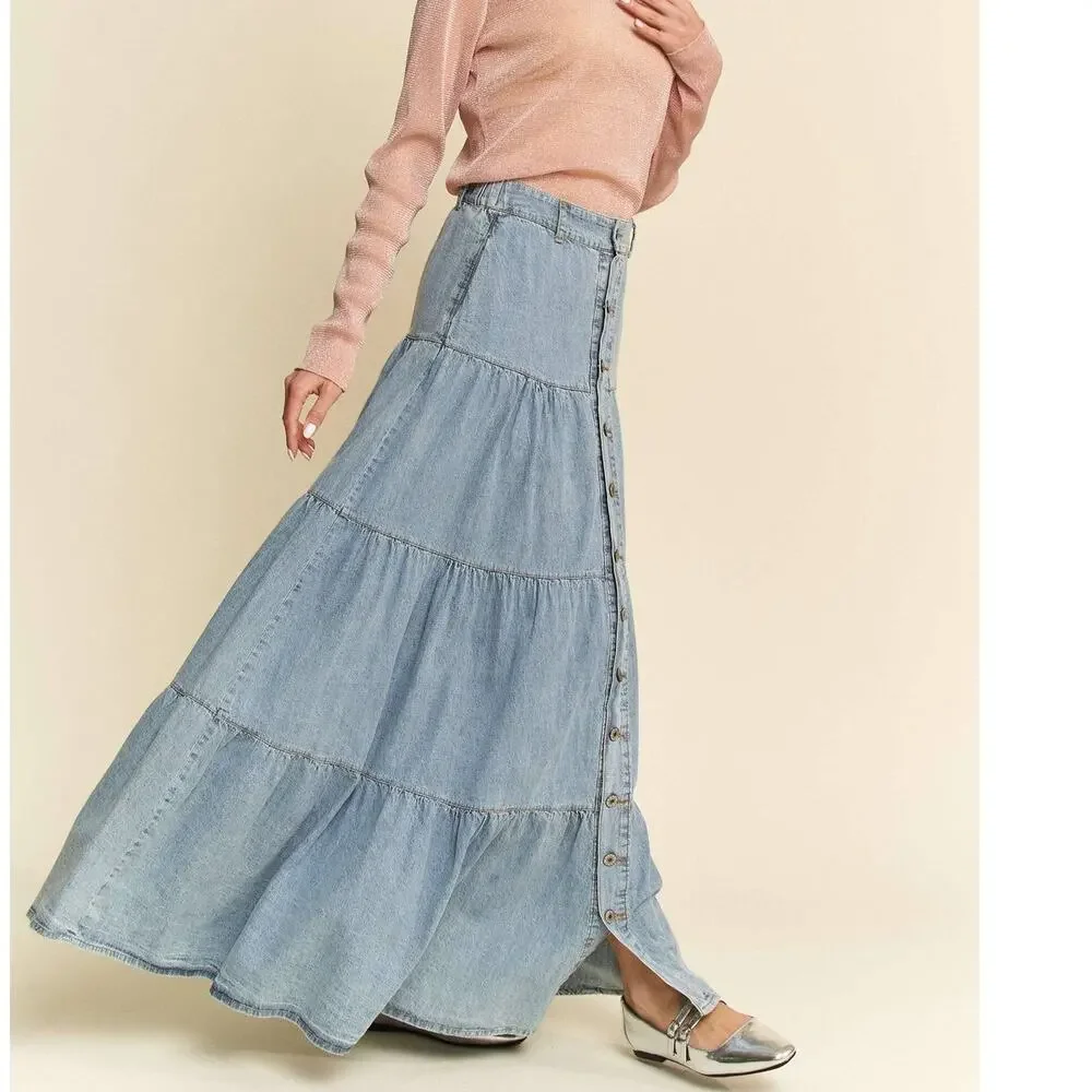 Denim Button-Front Ruffle Hem Maxi Skirt - Picture 8 of 9